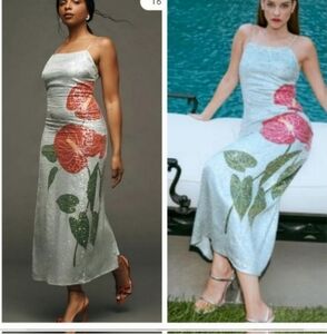 Anthropologie Silver Strapless Dress with Red and Green Floral Design